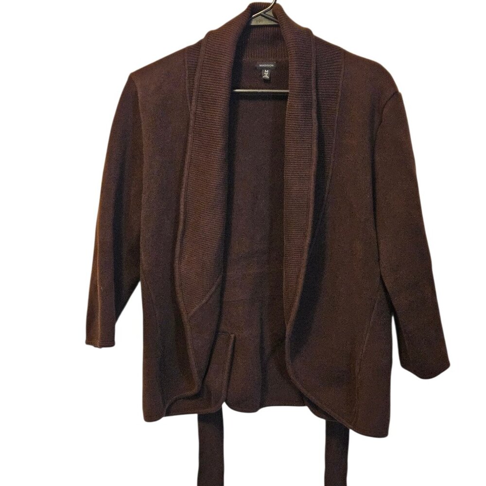 Madison Woman's Brown Shawl Collar Open-Front Cardigan with a Tie Belt Size M